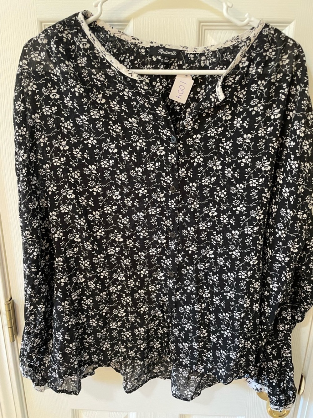 Madewell Black Floral Peasant Blouse XL Lightweight Button Front